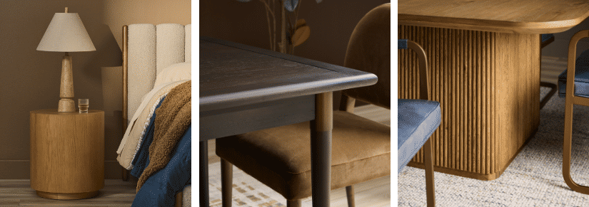 A collage of home furniture featuring natural wood.